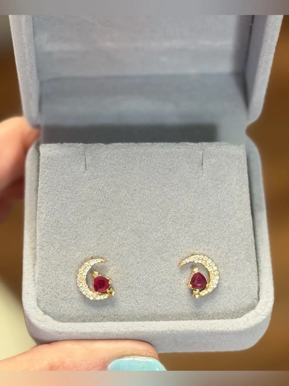 Mystical Waning Crescent Moon Natural .50CT Ruby Stud Earring 18K Yellow Gold